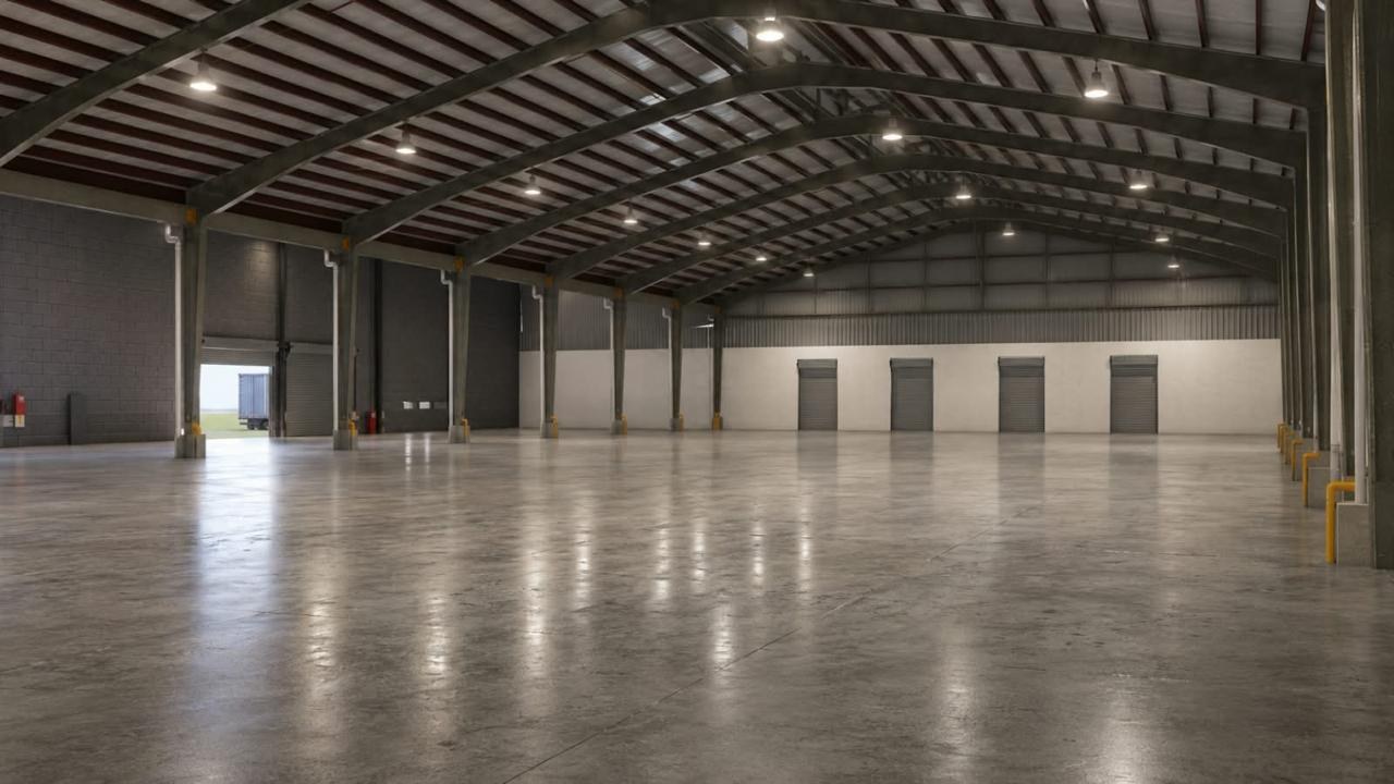 Render del interior amplio de una bodega industrial